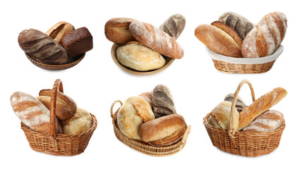 Different types of bread isolated on white, set