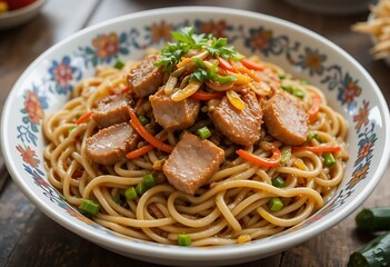 a boal of noodles with pork pieces and some vegetables on top, vibrant colors