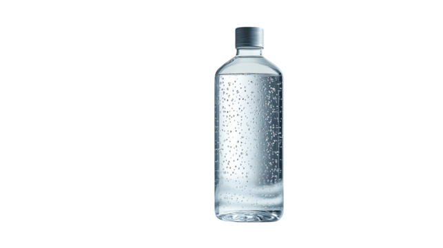 A refreshing bottle of sparkling water with bubbles isolated on a black background for versati