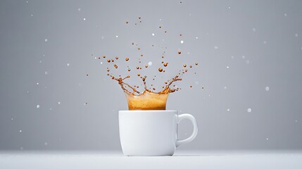   A white table with a gray wall in the background features a cup spilling liquid