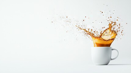   A coffee cup with orange juice in the center, against a white backdrop