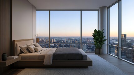 Obraz premium Modern bedroom with city view at sunset luxury interior design urban skyline serene atmosphere