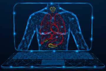Examination of the human thoracic region. The internal organs in the laptop screen. Polygonal design of interconnected lines and dots. Blue background.