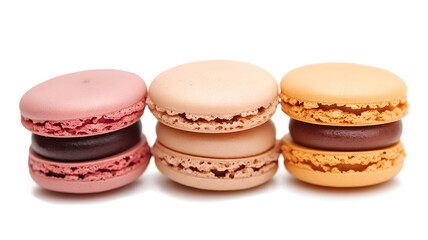 Fototapeta premium Three different colored macarons are stacked on top of each other. The macarons are pink, orange, and brown