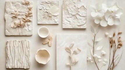 Botanical spring flat lay with flowers and natural elements, top view, no people, soft pastel vibe.