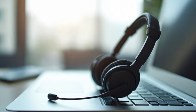 Close-up laptop screen, headset rests on keyboard. Workplace concept, call center, support service. Modern technology for communication, voip. Customer service employee desk, online support agent.