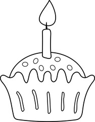 Birthday cupcake coloring template with candle, printable party activity sheet. Hand drawn doodle outline for kids crafts, simple vector illustration