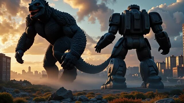 Giant monster battles robot in cityscape during sunset