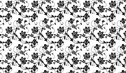 Intricate black floral elements flowing across white background, forming elegant repeating pattern with stylized botanical motif, ideal for decorative and design needs