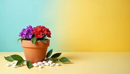 Small clay pot with purple and red flowers, surrounded by white decorative stones and green leaves. Light blue to yellow gradient background. Floral greeting card with space for text