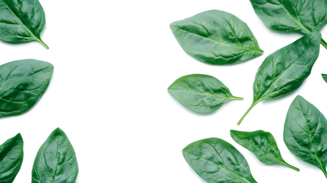 A close-up of green leaves with a white background. The leaves are arranged in a circle and overlap each other. Concept of freshness and natural beauty