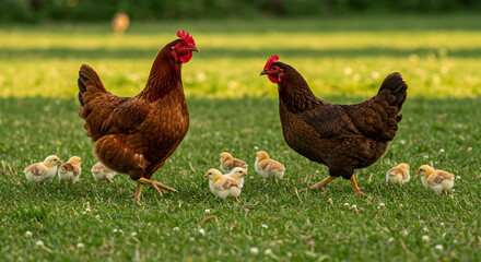 Fototapeta premium Hen And Chicks On Grassland In Rural Setting On Sunny Day