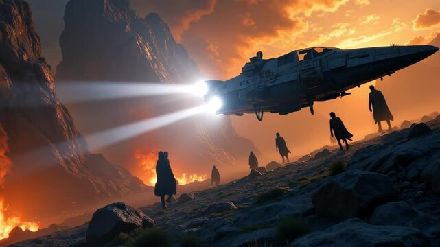 Space explorers witnessing a remarkable departure in a stunning alien landscape at sunset