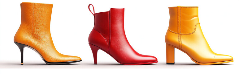 Three stylish ankle boots in vibrant red and orange hues. Perfect for adding a pop of color to any outfit!