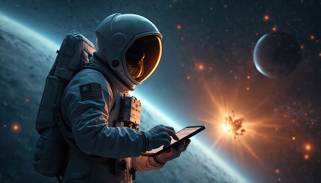 Astronaut in spacesuit using tablet in space. Digital tech communication with nebulae stars in cosmic galaxy. Astronaut exploring universe, futuristic tech. American flag on astronaut suit, future