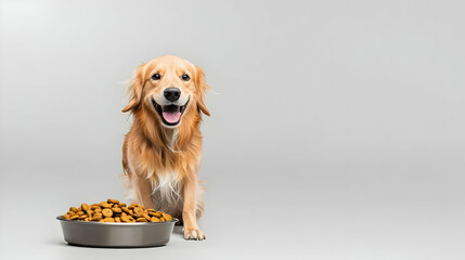 Adorable Golden Retriever Sitting With A Bowl Of Food Against A Seamless Gray Backdrop In A Bright Studio Setting