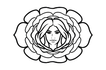 Obraz premium Rose Flower With Female Face Black And White Outline Floral Beauty Elegant Creative Design Template Suitable For Tattoo Logo Or Illustration