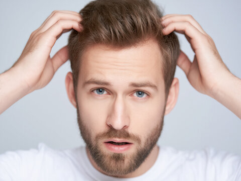 A young man with a concerned expression examines his receding hairline by running his fingers through his hair, indicating early signs of male pattern baldness and hair loss.