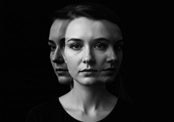 Obraz premium Intriguing black and white portrait of a woman with a layered, artistic effect.