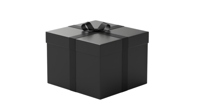 Gift box wrapped in black with a ribbon sits on a white background, perfect for any occasion or celebration