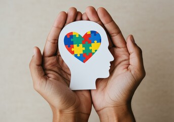 Hands holding a head silhouette with a puzzle-piece heart, autism awareness concept.