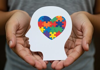 A person's hands tenderly hold a head silhouette with a colorful puzzle heart, promoting autism awareness.
