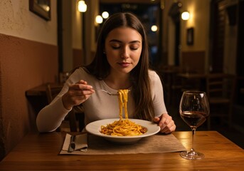 A young woman savoring a delicious plate of pasta with a glass of red wine in a cozy restaurant.