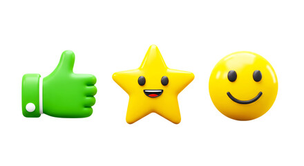 Three dimensional rendering of a green thumbs up a yellow star and a yellow smiley face on black background