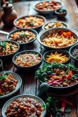 Obraz premium Assortment of Diverse Asian Dishes on a Wooden Table