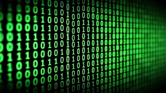 Binary code cascading in bright green numerals against a black background for technology and digital concepts