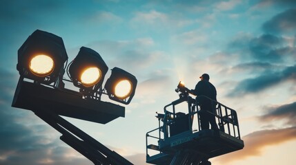 A lighting technician adjusting stage spotlights at an outdoor event setup. Featuring precision and illumination