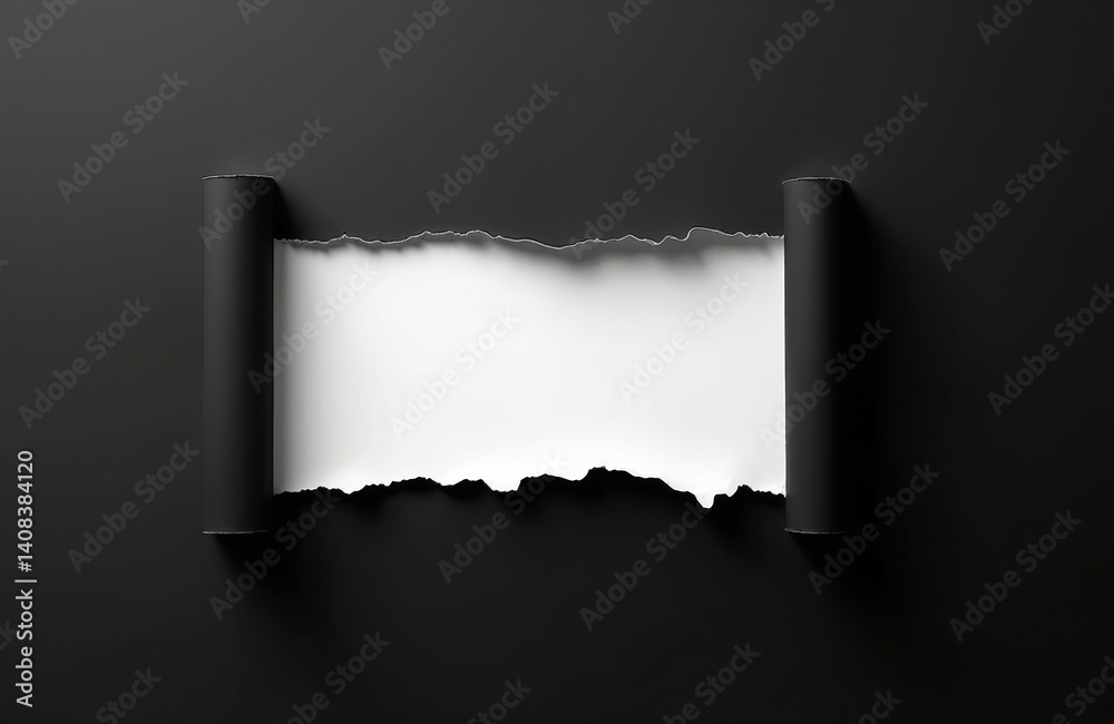Poster torn black paper with white space in middle. rolled up edges. abstract backdrop, grunge, message, te