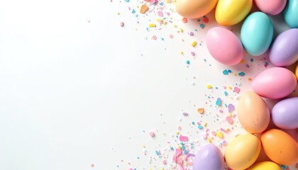 Colorful Easter eggs on white background with copy space. Eggs painted pastel colors, scattered confetti. Concept of celebration Easter holidays, traditions, happiness. Festive postcard template.