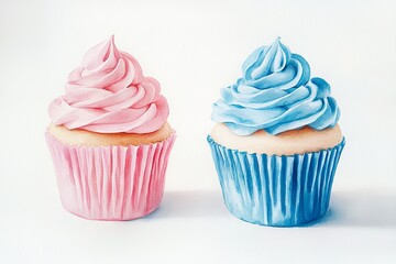 Two cupcakes one with pink frosting and one with blue frosting on a white background surface close up