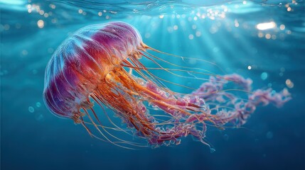 A vibrant jellyfish glides through clear blue waters, its intricate tentacles and colors creating a beautiful underwater scene