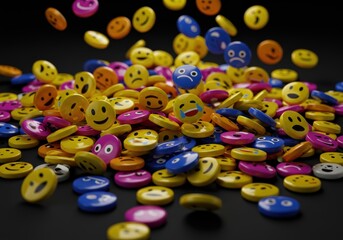 A vibrant composition features emoji buttons with diverse facial expressions scattered across a dark surface.