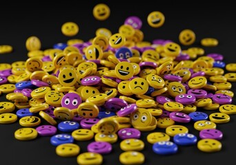 A colorful assortment of emoji faces falling and piling up, expressing various emotions.