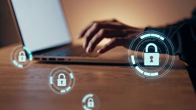 Professional programmer protecting digital information while working on laptop, implementing robust security protocols with encrypted code and secure login processes