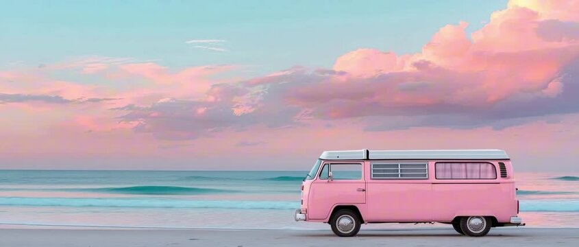 Retro Waves gently roll beneath a Pastel Sunset, framing a Vintage Van in an Aesthetic coastal dreamscape animation.
