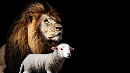 Naklejka premium Majestic Lion and Innocent Lamb Together In The Dark A Portrait of Harmony and Contrast