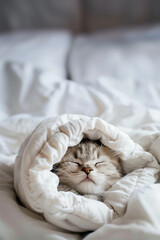 Adorable kitten sleeping soundly under a soft, white duvet. Its tiny paws are tucked in, and its face is serene.  