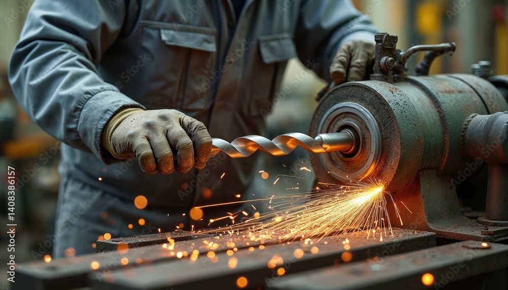 Poster factory worker sharpens large drill grinder. sparks fly. close-up industrial process, steel blade sh