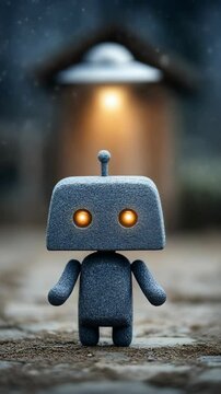 Small robot stands on a textured surface, golden light shines, science fiction theme, mystery with glowing eyes under a blurred spaceship
