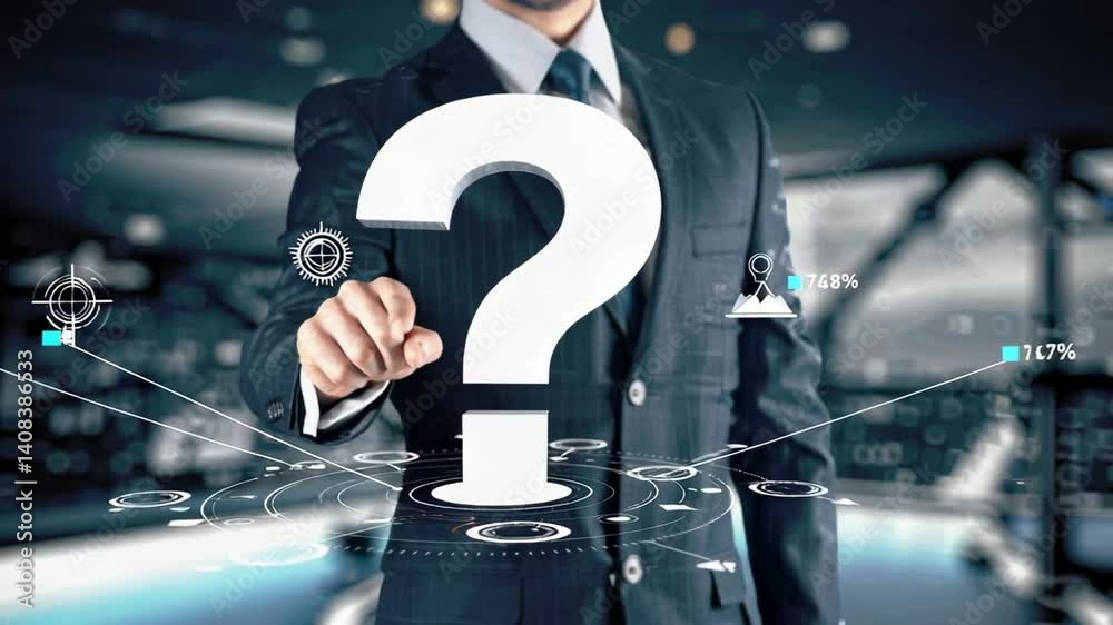 Poster businessman interacting with futuristic interface, pointing at a large question mark symbol, surroun