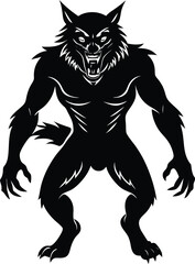 Silhouette of a Werewolf in a Fearsome Stance Displaying Sharp Teeth and Claws