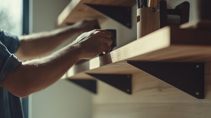 Obraz premium Carpenter installing shelves in a living room. Featuring craftsmanship and precision