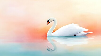 Obraz premium White swan on water, red & yellow background, reflection