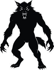 Silhouette of a Werewolf in a Fearsome Stance Displaying Sharp Teeth and Claws