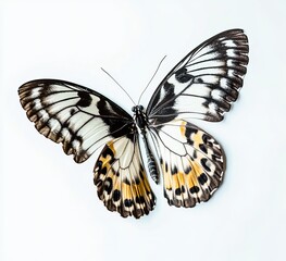Fototapeta premium Beautiful butterfly with black and white patterned wings, in a flying pose, on an isolated background. Detailed photograph.