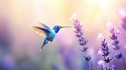 Naklejka premium Hummingbird flying in field of purple and white flowers against a pink and yellow backdrop